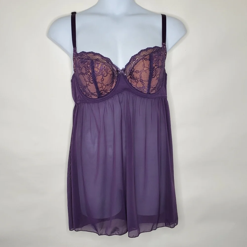 Adore Me Ella Sheer Lace Babydoll Top Size‎ 42C Purple Lined Cups Lingerie Layer